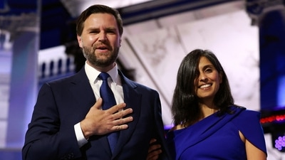 Republican vice presidential candidate, U.S. Sen. J.D. Vance (R-OH) with his wife Usha Chilukuri Vance (Getty Images via AFP)