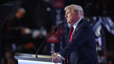 Republican presidential nominee and former U.S. President Donald Trump speaks on Day 4 of the Republican National Convention (RNC), at the Fiserv Forum in Milwaukee, Wisconsin, U.S., July 18, 2024. REUTERS/Jeenah Moon (REUTERS)