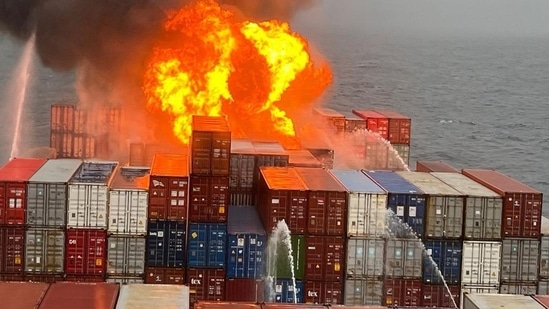Firefighting operations are underway to douse the flames emanating from a merchant vessel that caught fire 102 nautical miles of Goa coast on Friday.