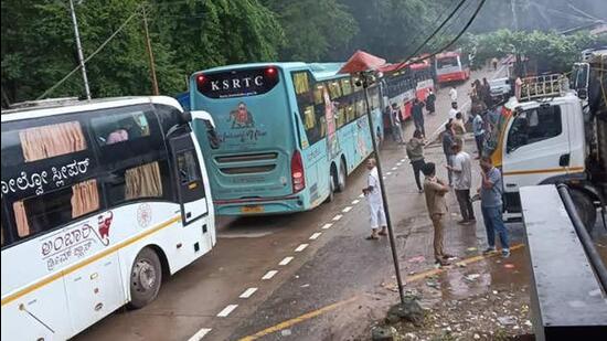 Heavy rains over the past several days has triggered landslides causing the traffic on Shiradi Ghat to come to a standstill. (HT)