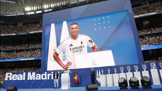 Kylian Mbappe, of France, is presented to fans as a new Real Madrid player at the Santiago Bernabeu stadium in Madrid (REUTERS)