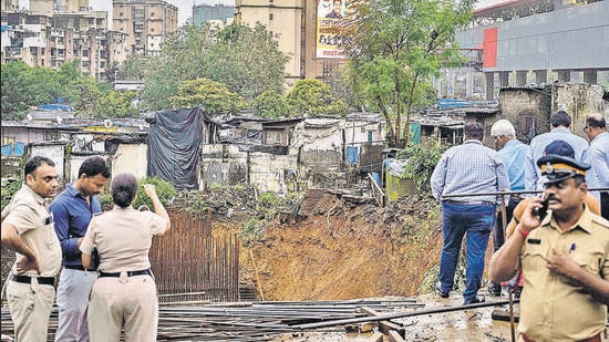 Mumbai, India - July 19, 2024: Land caves in the construction site at malad in Mumbai, India, on Friday, July 19, 2024. (Photo by Satish Bate/ Hindustan Times) (Hindustan Times) Mumbai, India - July 19, 2024: Land caves in the construction site at malad in Mumbai, India, on Friday, July 19, 2024. (Photo by Satish Bate/ Hindustan Times) (Hindustan Times)