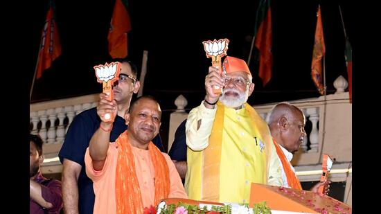 Prime minister Narendra Modi and UP chief minister Yogi Adityanath during the 2024 Lok Sabha election campaign (HT File)