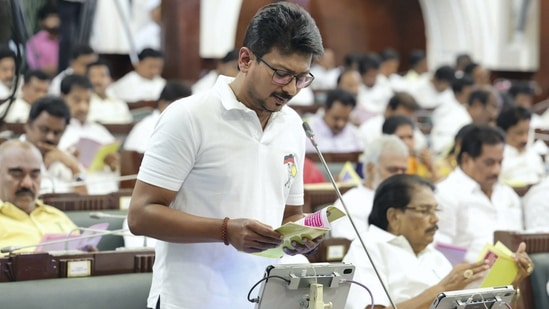 File photo of actor-politician Udhayanidhi Stalin speaking in the Legislative Assembly.(PTI)