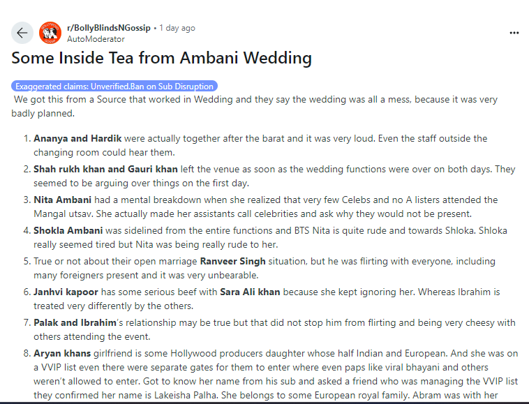 Viral Reddit post about Anant Ambani's wedding