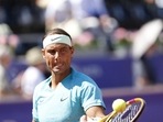 Spain's Rafael Nadal returns the ball to Croatia's Duje Ajdukovic during their men's semi-final singles match of the ATP Nordea Open