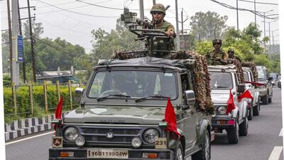 An army convoy arrives at the police headquarters in Jammu. (PTI) An army convoy arrives at the police headquarters in Jammu. (PTI)