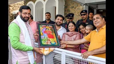 Haryana CM Nayab Singh Saini being felicitated in Hisar on Saturday. (ANI)