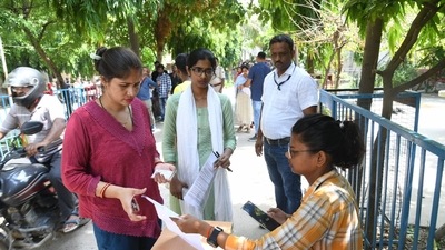Before entering the examination hall, candidates needed to get their documents verified. (Santosh Kumar) Before entering the examination hall, candidates needed to get their documents verified. (Santosh Kumar)
