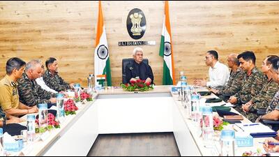 Jammu and Kashmir Lieutenant Governor Manoj Sinha chairs a high-level meeting in Jammu. (ANI) Jammu and Kashmir Lieutenant Governor Manoj Sinha chairs a high-level meeting in Jammu. (ANI)
