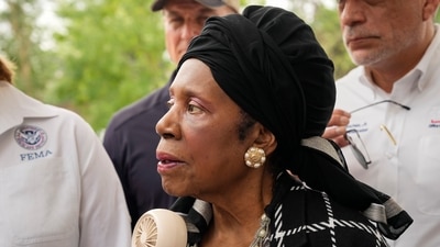 U.S. Congresswoman Sheila Jackson Lee was seen using a portable fan provided by Harris County Judge Lina Hidalgo's staff while visiting damaged Sinclair Elementary School, Tuesday, May 21, 2024, at Timbergrove in Houston. (Yi-Chin Lee/Houston Chronicle via AP) (AP) U.S. Congresswoman Sheila Jackson Lee was seen using a portable fan provided by Harris County Judge Lina Hidalgo's staff while visiting damaged Sinclair Elementary School, Tuesday, May 21, 2024, at Timbergrove in Houston. (Yi-Chin Lee/Houston Chronicle via AP) (AP)