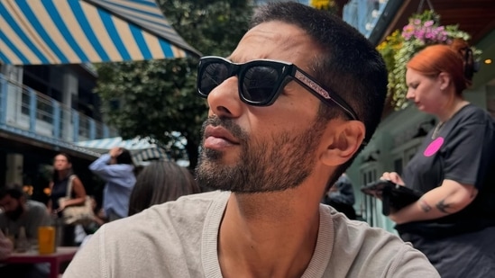 In a picture, Shahid Kapoor is seen looking away from the camera. He sat at a table in an outdoor restaurant. The actor wore a grey T-shirt.