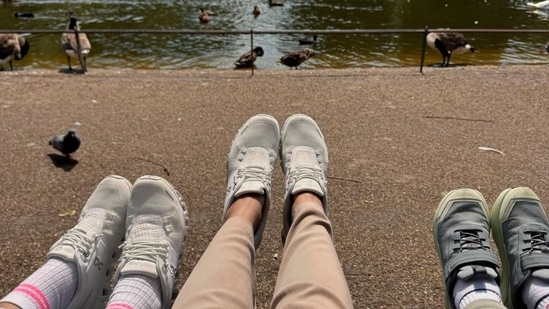 Mira Rajput shared a photo featuring only her, Misha and Zain's legs. They sat on a bench near a lake.