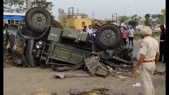 A policeman at the mishap site in Jalandhar on Saturday. (PTI)