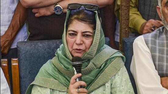 Former J&K chief minister Mehbooba Mufti addresses the media at the party headquarters in Srinagar. (PTI)