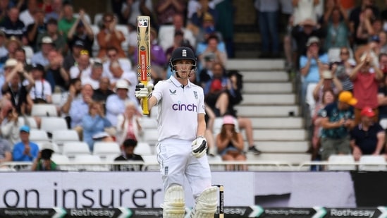 England's Harry Brook celebrates half-century during day three of the second Test between England and West Indies at Trent Bridge cricket ground, Nottingham.(AP)