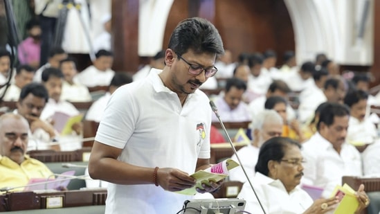 Tamil Nadu minister Udhayanidhi Stalin speaks in the Legislative Assembly. (PTI Photo)