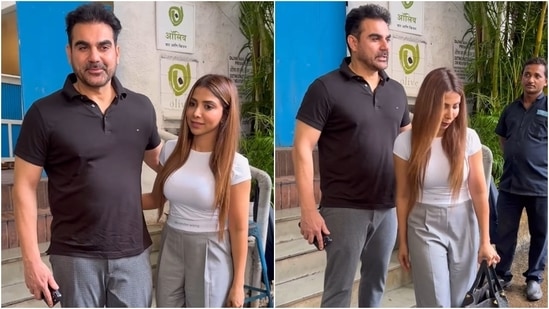 Arbaaz Khan and his wife, Sshura Khan, had a lunch date with their friends. For the occasion, the couple chose chic and comfy looks. While Sshura wore a white tee, grey high-waist pants, heels and a black handbag, Arbaaz complemented her in a black Polo T-shirt, grey pants, and black-and-white sneakers. (HT Photo/Varinder Chawla)