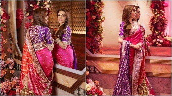 https://www.mobilemasala.com/fashion/Nita-Ambanis-pink-charbagh-saree-purple-blouse-handpainted-by-Pichwai-artist-is-an-ode-to-Indias-rich-heritage-i282488