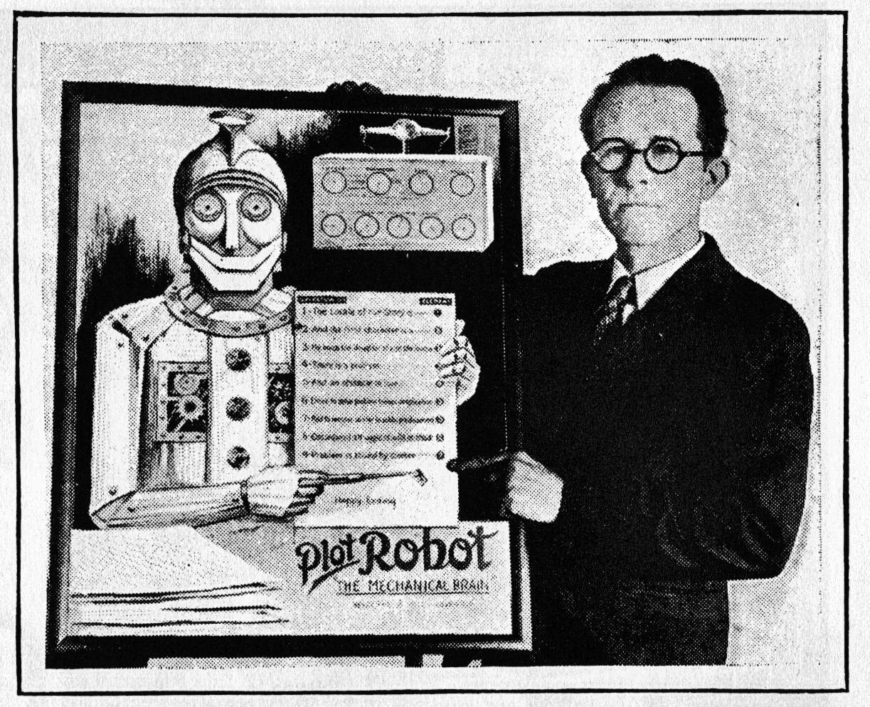 Screenwriter Wycliffe Hill with a poster for his 1931 creation, Plot Robot. (Courtesy Plot Genie) Screenwriter Wycliffe Hill with a poster for his 1931 creation, Plot Robot. (Courtesy Plot Genie)