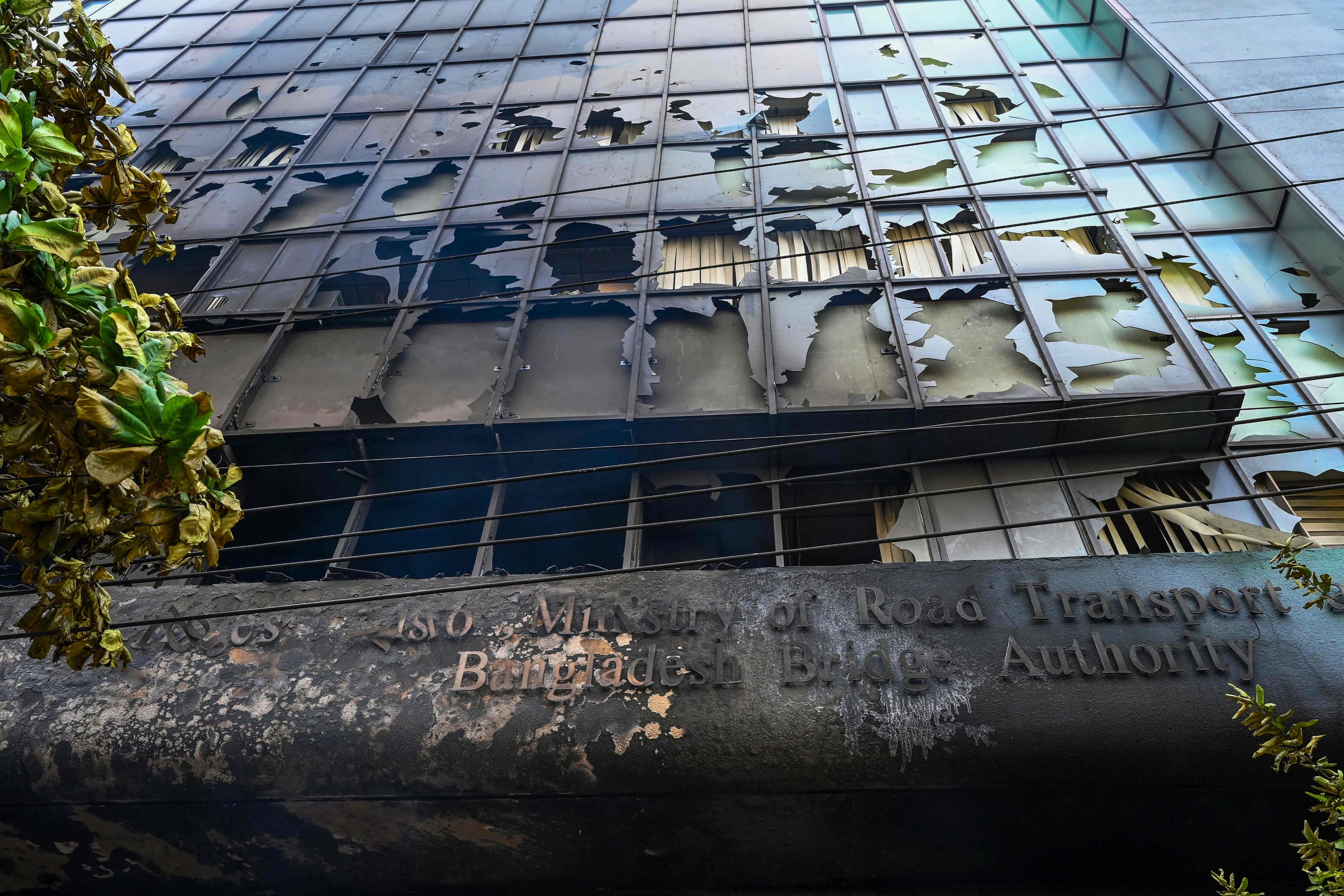 Burnt building of Bangladesh bridge authority is pictured after students set it on fire amid the ongoing anti-quota protest in Dhaka on July 19, 2024.(AFP)