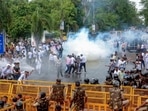 Bhopal, Jul 15 (ANI): Police use tear gas and water cannons to disperse the National Students' Union of India (NSUI) activists during their demonstration against the alleged paper leak of NEET-UG exam, nursing scam and Agnipath scheme, near CM's residence in Bhopal on Monday. (ANI Photo) (Sanjeev Gupta) Bhopal, Jul 15 (ANI): Police use tear gas and water cannons to disperse the National Students' Union of India (NSUI) activists during their demonstration against the alleged paper leak of NEET-UG exam, nursing scam and Agnipath scheme, near CM's residence in Bhopal on Monday. (ANI Photo) (Sanjeev Gupta)