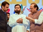 Maharashtra Chief Minister Eknath Shinde with state deputy chief ministers Devendra Fadnavis and Ajit Pawar in Mumbai. Maharashtra Chief Minister Eknath Shinde with state deputy chief ministers Devendra Fadnavis and Ajit Pawar in Mumbai.