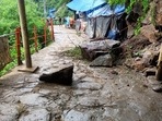 Rudraprayag: Debris lies on a road following a landslide on the Kedarnath trekking route, in Rudraprayag district, Sunday, July 21, 2024. (PTI Photo)(PTI) Rudraprayag: Debris lies on a road following a landslide on the Kedarnath trekking route, in Rudraprayag district, Sunday, July 21, 2024. (PTI Photo)(PTI)