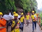 SDRF personnel conduct a rescue operation following a landslide on the Kedarnath trekking route, in Rudraprayag district, Sunday, July 21, 2024.(PTI) SDRF personnel conduct a rescue operation following a landslide on the Kedarnath trekking route, in Rudraprayag district, Sunday, July 21, 2024.(PTI)