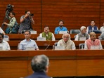 Congress MPs Kodikunnil Suresh, Gaurav Gogoi, Jairam Ramesh and Pramod Tiwari, AAP MP Sanjay Singh, YSRCP MP V. Vijayasai Reddy and other leaders attend the all-party meeting ahead of the Budget session of Parliament. Congress MPs Kodikunnil Suresh, Gaurav Gogoi, Jairam Ramesh and Pramod Tiwari, AAP MP Sanjay Singh, YSRCP MP V. Vijayasai Reddy and other leaders attend the all-party meeting ahead of the Budget session of Parliament.