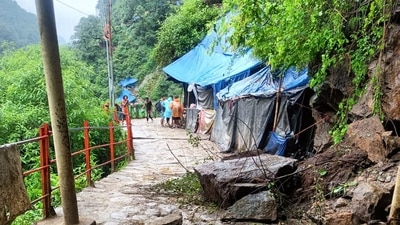 Rudraprayag: Debris lies on a road following a landslide on the Kedarnath trekking route, in Rudraprayag district, Sunday, July 21, 2024. (PTI Photo) (PTI) Rudraprayag: Debris lies on a road following a landslide on the Kedarnath trekking route, in Rudraprayag district, Sunday, July 21, 2024. (PTI Photo) (PTI)