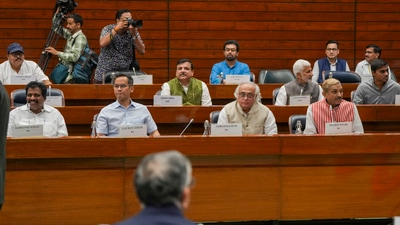 Congress MPs Kodikunnil Suresh, Gaurav Gogoi, Jairam Ramesh and Pramod Tiwari, AAP MP Sanjay Singh, YSRCP MP V. Vijayasai Reddy and other leaders attend the all-party meeting ahead of the Budget session of Parliament. (PTI) Congress MPs Kodikunnil Suresh, Gaurav Gogoi, Jairam Ramesh and Pramod Tiwari, AAP MP Sanjay Singh, YSRCP MP V. Vijayasai Reddy and other leaders attend the all-party meeting ahead of the Budget session of Parliament. (PTI)