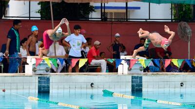 Swimmers in action during the concluding day of the 35th sub junior and 47th junior Punjab swimming championships. (Manish/HT)