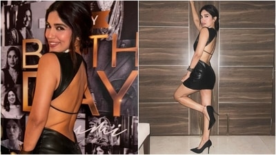 Bhumi Pednekar wowed in a black mini dress for her birthday celebrations. The ensemble features a backless design and a bodycon fitting. Minimal makeup, a messy hairdo, and black pumps completed the look. (Instagram) Bhumi Pednekar wowed in a black mini dress for her birthday celebrations. The ensemble features a backless design and a bodycon fitting. Minimal makeup, a messy hairdo, and black pumps completed the look. (Instagram)
