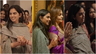 Isha Ambani looks gorgeous in this simple grey chikankari kurta, pants, and dupatta set. The colourful floral embroidery and mirror embellishments add to its minimalist beauty. She rounded off the look with diamond hoops and a no-makeup look. (Instagram) Isha Ambani looks gorgeous in this simple grey chikankari kurta, pants, and dupatta set. The colourful floral embroidery and mirror embellishments add to its minimalist beauty. She rounded off the look with diamond hoops and a no-makeup look. (Instagram)