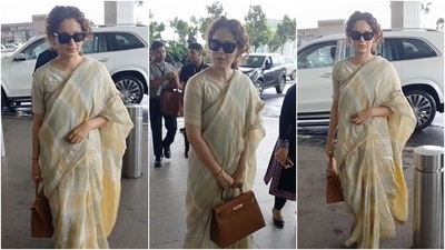 Actor and Mandi MP Kangana Ranaut wore a chic cotton drape to the airport. She chose a cream and yellow khadi saree styled with a matching half-sleeve blouse, sunglasses, a tan Birkin bag, and a centre-parted ponytail. (Instagram) Actor and Mandi MP Kangana Ranaut wore a chic cotton drape to the airport. She chose a cream and yellow khadi saree styled with a matching half-sleeve blouse, sunglasses, a tan Birkin bag, and a centre-parted ponytail. (Instagram)