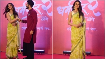Rakul Preet Singh wore a green floral print saree for an event last night. The actor attended with her husband, Jackky Bhagnani. She styled the nine yards with minimal glam, loose tresses, jhumkis, and bangles. (Instagram) Rakul Preet Singh wore a green floral print saree for an event last night. The actor attended with her husband, Jackky Bhagnani. She styled the nine yards with minimal glam, loose tresses, jhumkis, and bangles. (Instagram)