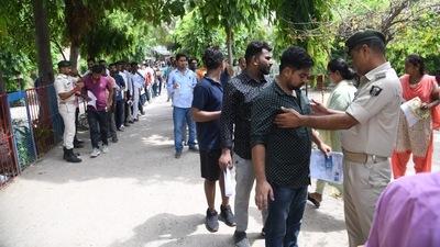 Examinations of Hindi, English, Sanskrit, Science, Mathematics, Social Science and Physical Education subjects for classes 6-10 at schools under the SC, ST Welfare Department was also held today (Santosh Kumar/HT Photo)