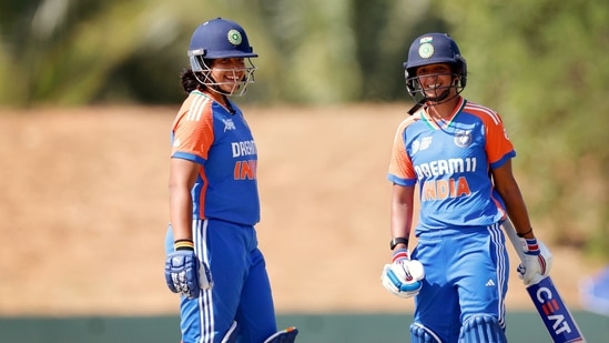 India Women's captain Harmanpreet Kaur and teammate Richa Ghosh celebrate their partnership during the Group A match against United Arab Emirates Women(BCCI- X)