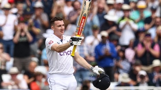 England's Harry Brook celebrates his century on the fourth day of the second Test cricket match between England and West Indies at Trent Bridge in Nottingham