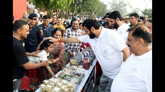 Haryana chief minister Nayab Singh Saini takes part in an event at Dharmadhara in Kurukshetra on Sunday. (ANI)