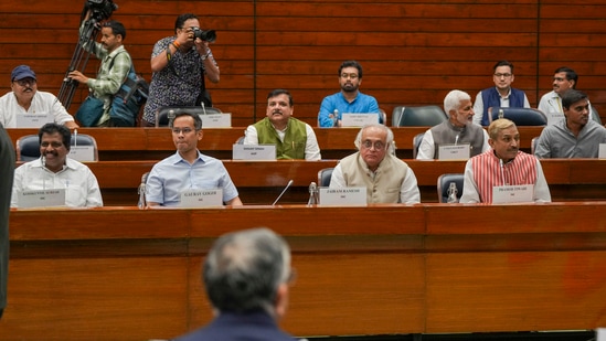 Congress MPs Kodikunnil Suresh, Gaurav Gogoi, Jairam Ramesh and Pramod Tiwari, AAP MP Sanjay Singh, YSRCP MP V. Vijayasai Reddy and other leaders attend the all-party meeting ahead of the Budget session of Parliament.(PTI)