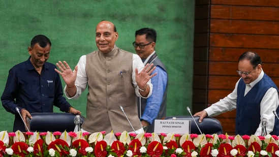 Union Defence Minister Rajnath Singh, Union Minister for Parliamentary Affairs Kiren Rijiju and Union Minister JP Nadda during the all-party meeting ahead of the Budget session of Parliament, in New Delhi, Sunday, July 21, 2024.(PTI)