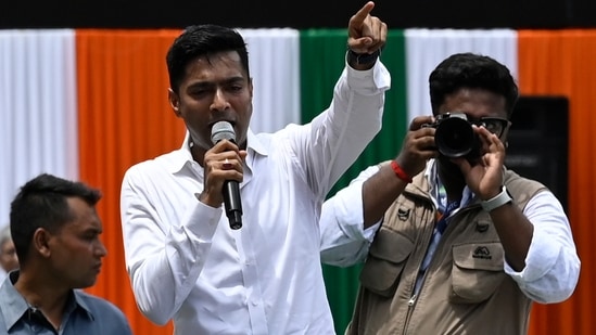 Kolkata, India - July 21, 2024: Trinamool Congress (TMC) National General Secretary Abhishek Banerjee addresses the party supporters during the TMC Martyr's Day rally at Esplanade on Sunday, July 21, 2024 in Kolkata, India. (Photo by Samir Jana/ Hindustan Times)