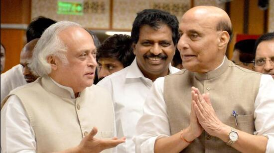 Union defence minister Rajnath Singh, Congress leader Jairam Ramesh during the all-party meeting ahead of the Budget session of Parliament on Sunday. (HT Photo)