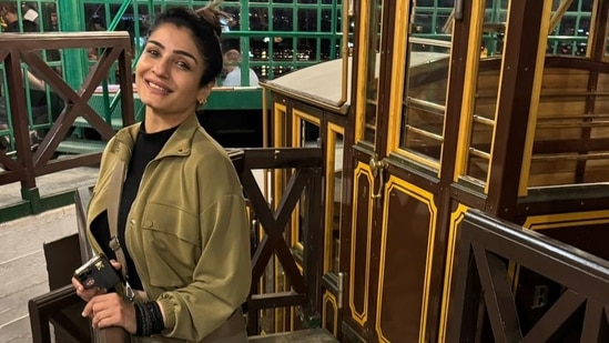 In the pictures, Raveena is seen wearing an olive green co-ord set with no-makeup look.&nbsp;