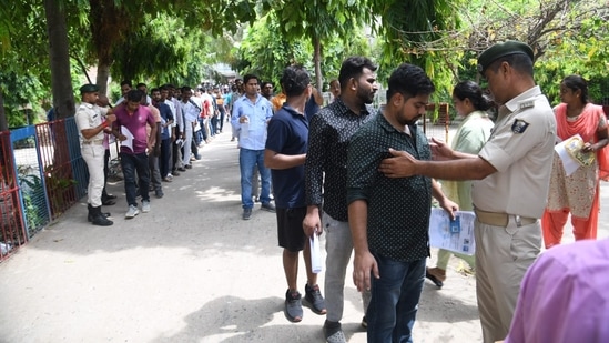 Examinations of Hindi, English, Sanskrit, Science, Mathematics, Social Science and Physical Education subjects for classes 6-10 at schools under the SC, ST Welfare Department was also held today(Santosh Kumar/HT Photo)