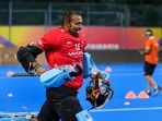 Indian hockey team goalkeeper PR Sreejesh during a training session.(PTI) Indian hockey team goalkeeper PR Sreejesh during a training session.(PTI)
