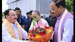 JP Nadda receives a warm welcome from UP deputy chief minister Keshav Prasad Maurya on his arrival at Amausi Airport, in Lucknow recently. (ANI Photo) JP Nadda receives a warm welcome from UP deputy chief minister Keshav Prasad Maurya on his arrival at Amausi Airport, in Lucknow recently. (ANI Photo)