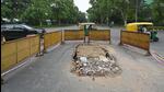 The sinkhole on Ashoka Road is now covered with rubble. (Arvind Yadav/HT Photo)